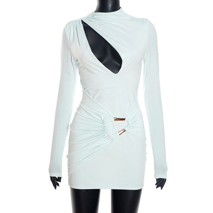 Elegant Cut Out Pleated Long Sleeve Dress