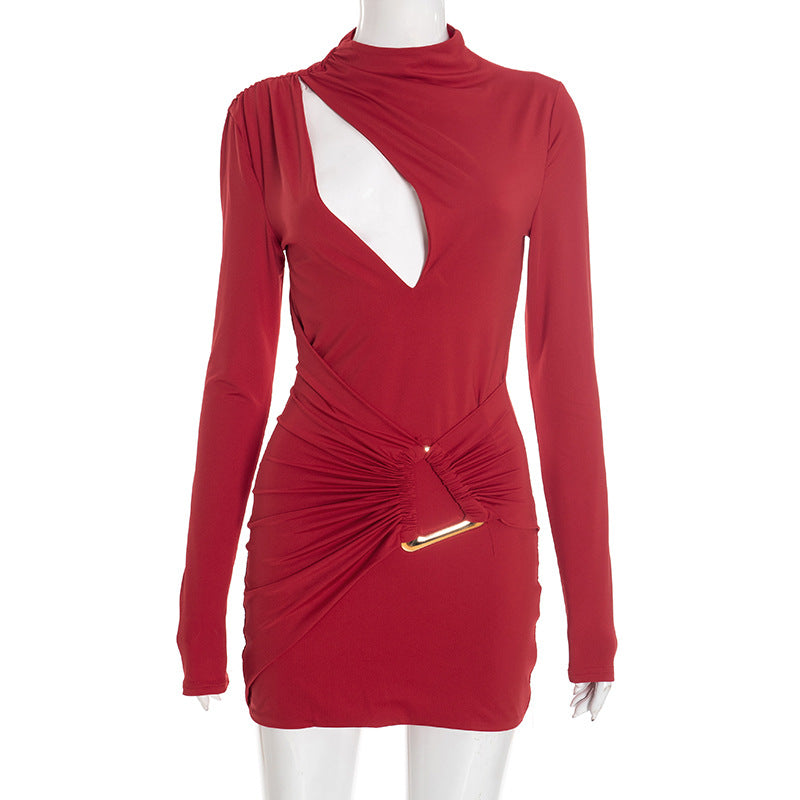 Elegant Cut Out Pleated Long Sleeve Dress