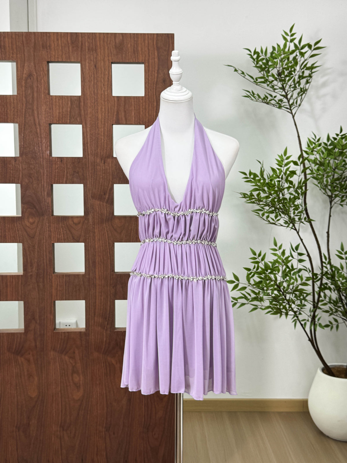 Elegant Deep V Neck Dress with Rhinestone Details