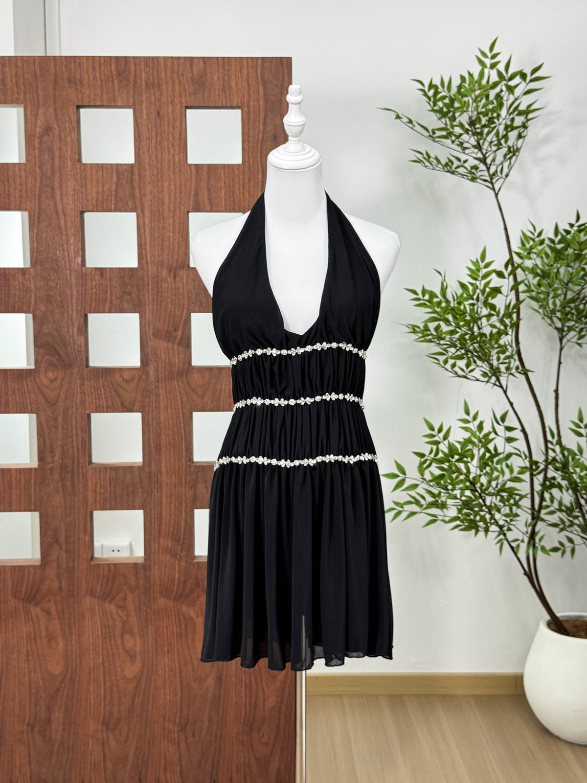 Elegant Deep V Neck Dress with Rhinestone Details