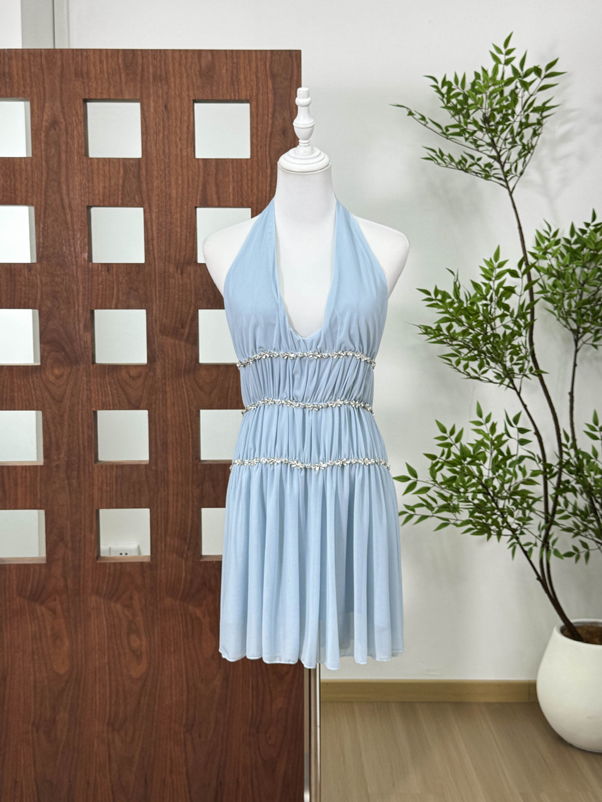 Elegant Deep V Neck Dress with Rhinestone Details