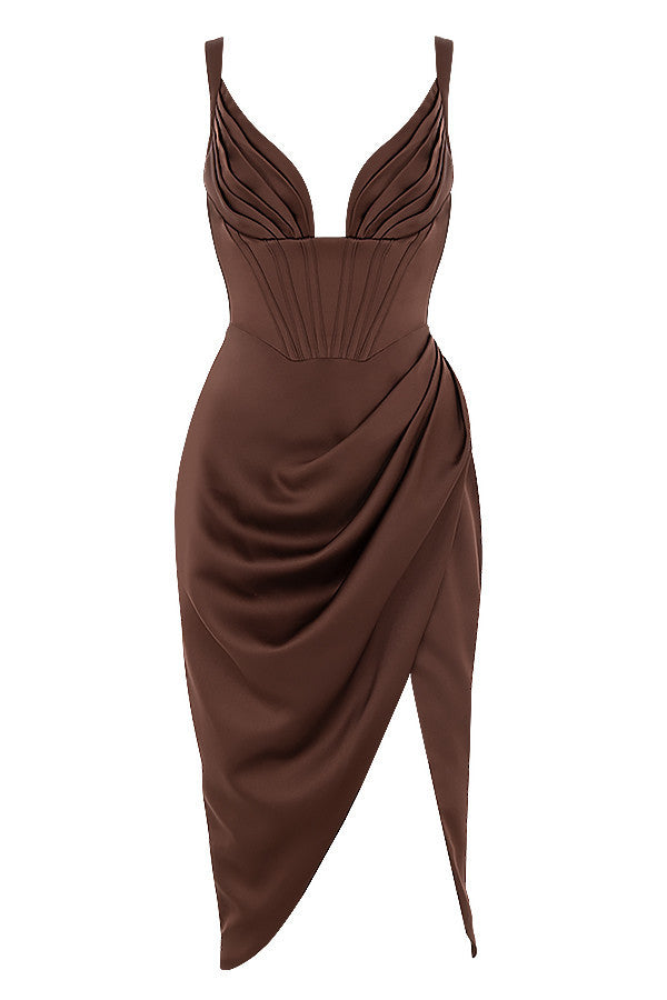Elegant Deep V Neck High Waist Pleated Midi Dress