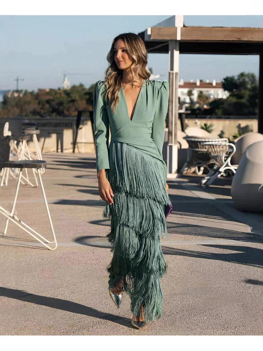 Elegant Deep V-Neck Tassel Slim-Fit Long Dress