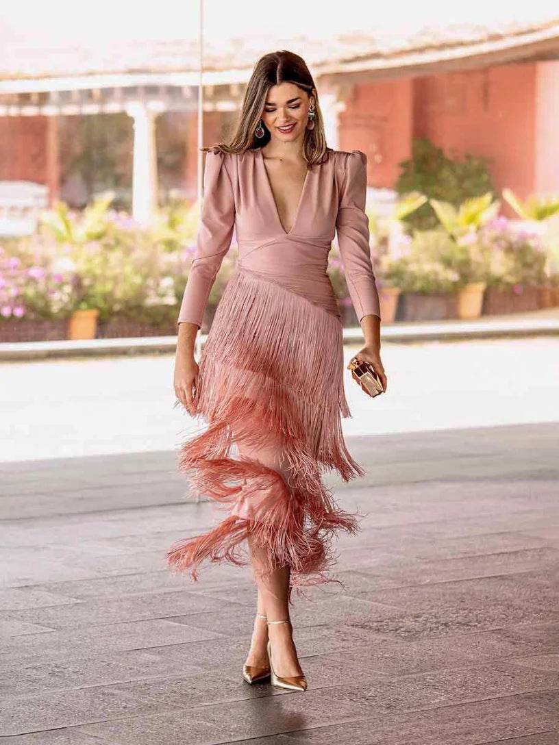 Elegant Deep V-Neck Tassel Slim-Fit Long Dress