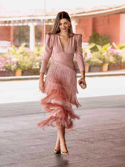 Elegant Deep V-Neck Tassel Slim-Fit Long Dress