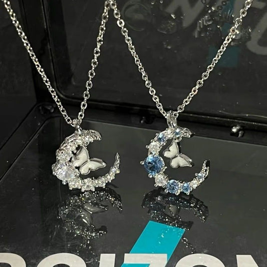Elegant Diamond Butterfly Moon Necklace