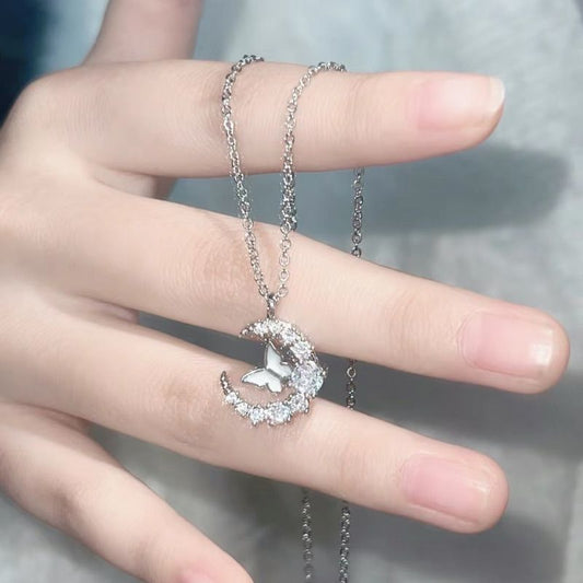 Elegant Diamond Butterfly Moon Necklace