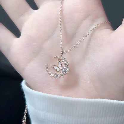 Elegant Diamond Butterfly Moon Necklace