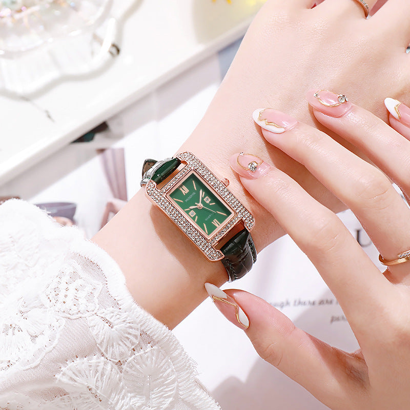 Elegant Diamond Green Dial Women's Watch with Quartz Movement