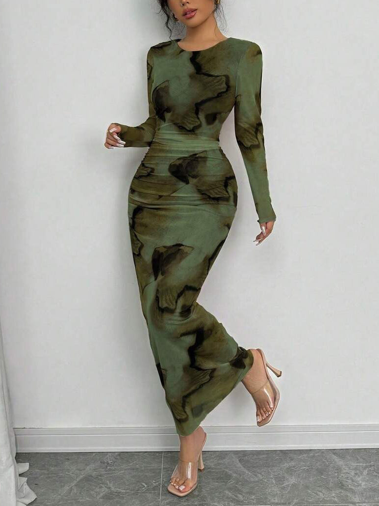 Elegant Double-Layer Round Neck Mesh Dress with Tie-Dye Gradient