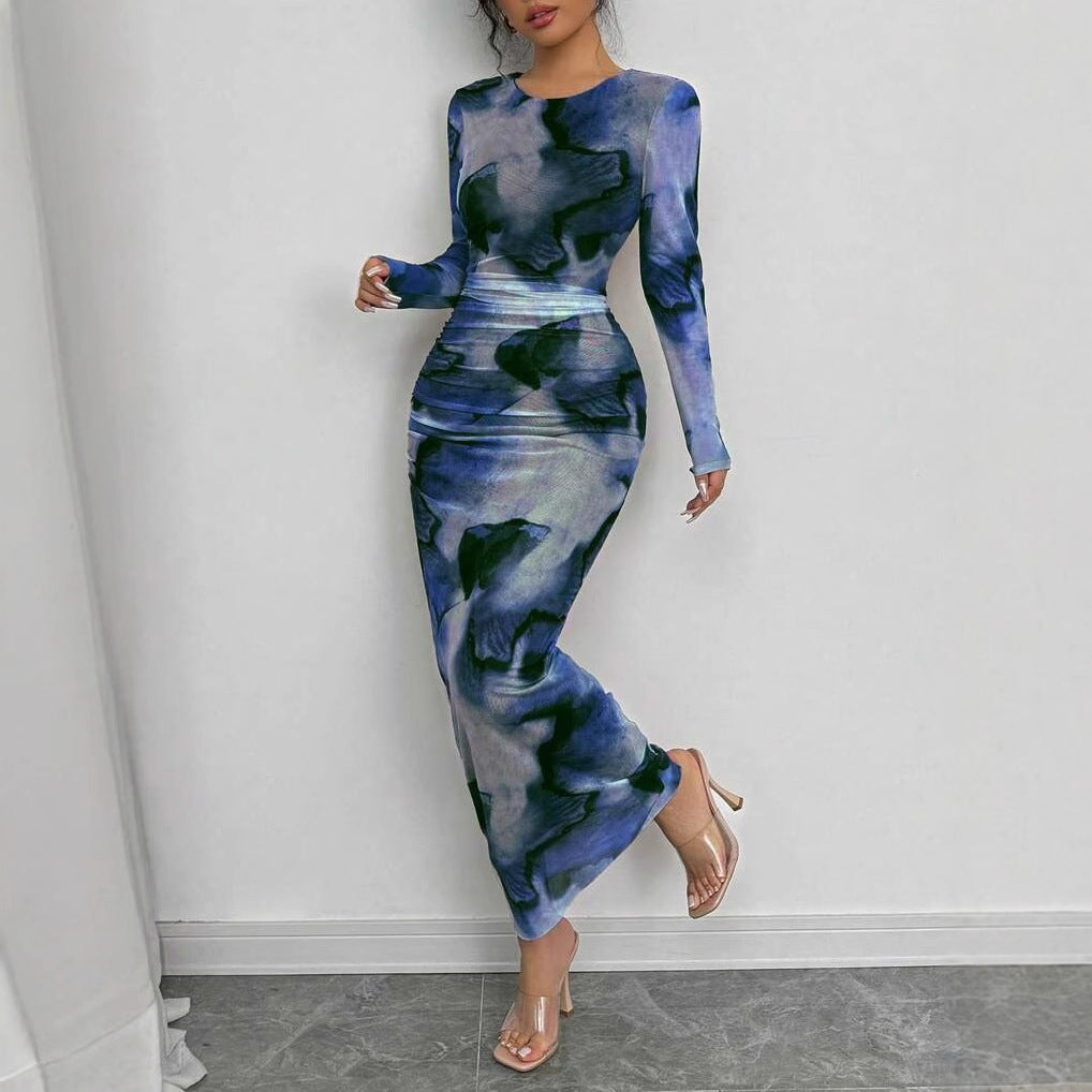 Elegant Double-Layer Round Neck Mesh Dress with Tie-Dye Gradient