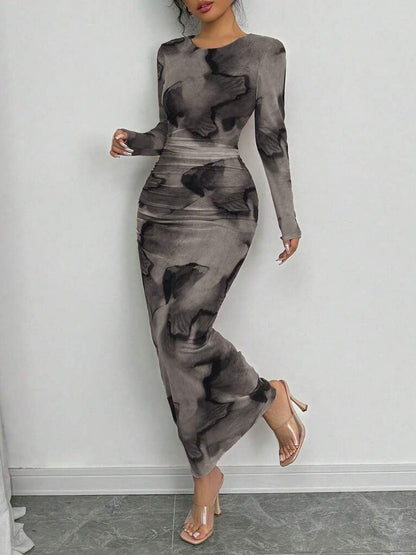 Elegant Double-Layer Round Neck Mesh Dress with Tie-Dye Gradient