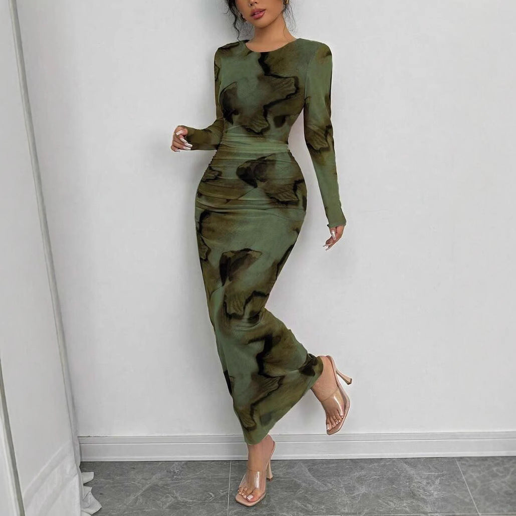 Elegant Double-Layer Round Neck Mesh Dress with Tie-Dye Gradient