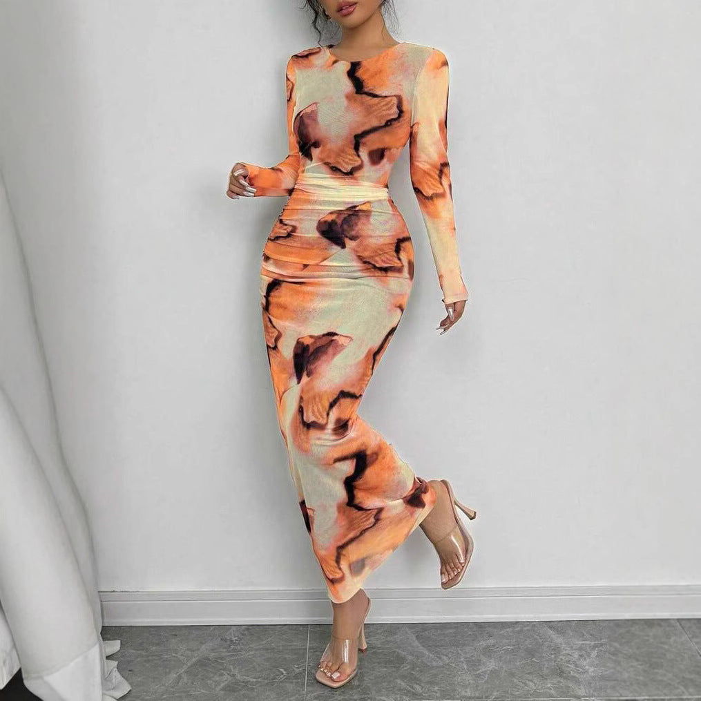 Elegant Double-Layer Round Neck Mesh Dress with Tie-Dye Gradient