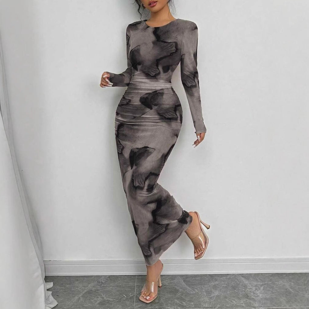 Elegant Double-Layer Round Neck Mesh Dress with Tie-Dye Gradient