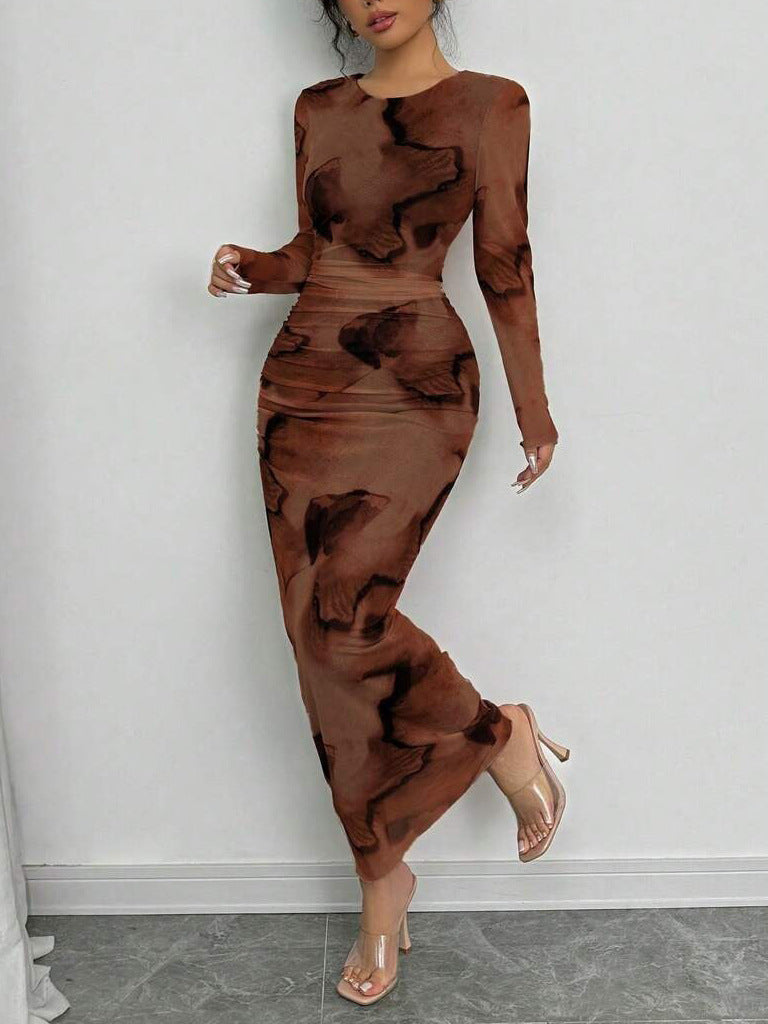Elegant Double-Layer Round Neck Mesh Dress with Tie-Dye Gradient