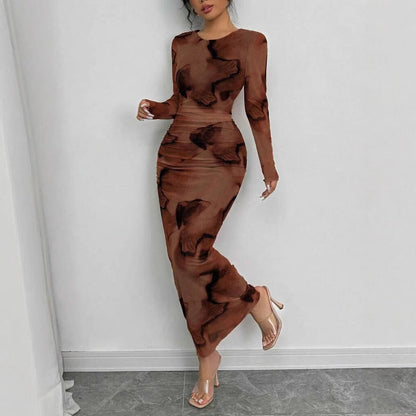 Elegant Double-Layer Round Neck Mesh Dress with Tie-Dye Gradient