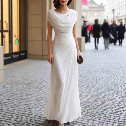 Elegant Draped Collar Ruched Long Dress
