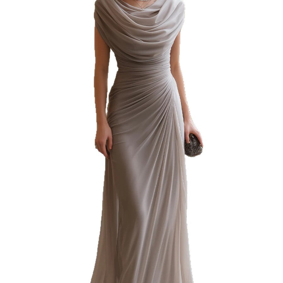 Elegant Draped Collar Ruched Long Dress