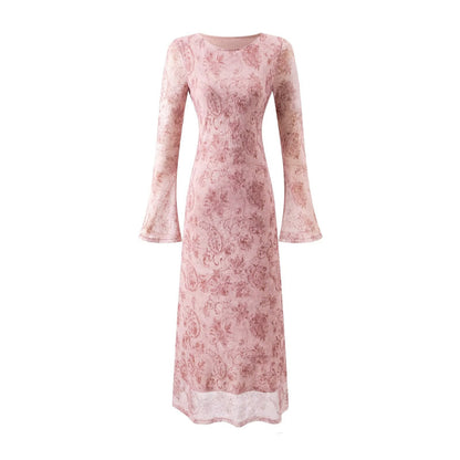 Elegant Elegant Trumpet Long-Sleeved Printed Dress