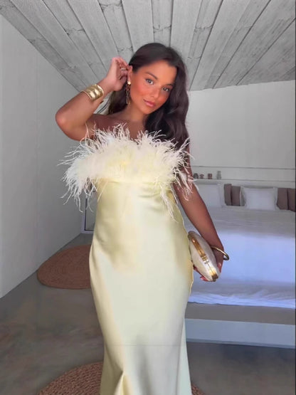 Elegant Feather Splicing Strapless Evening Dress