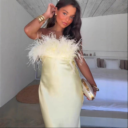 Elegant Feather Splicing Strapless Evening Dress