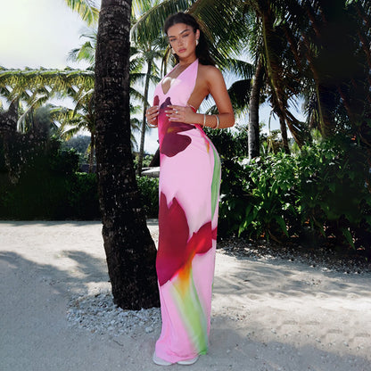 Elegant Floral Backless Long Dress