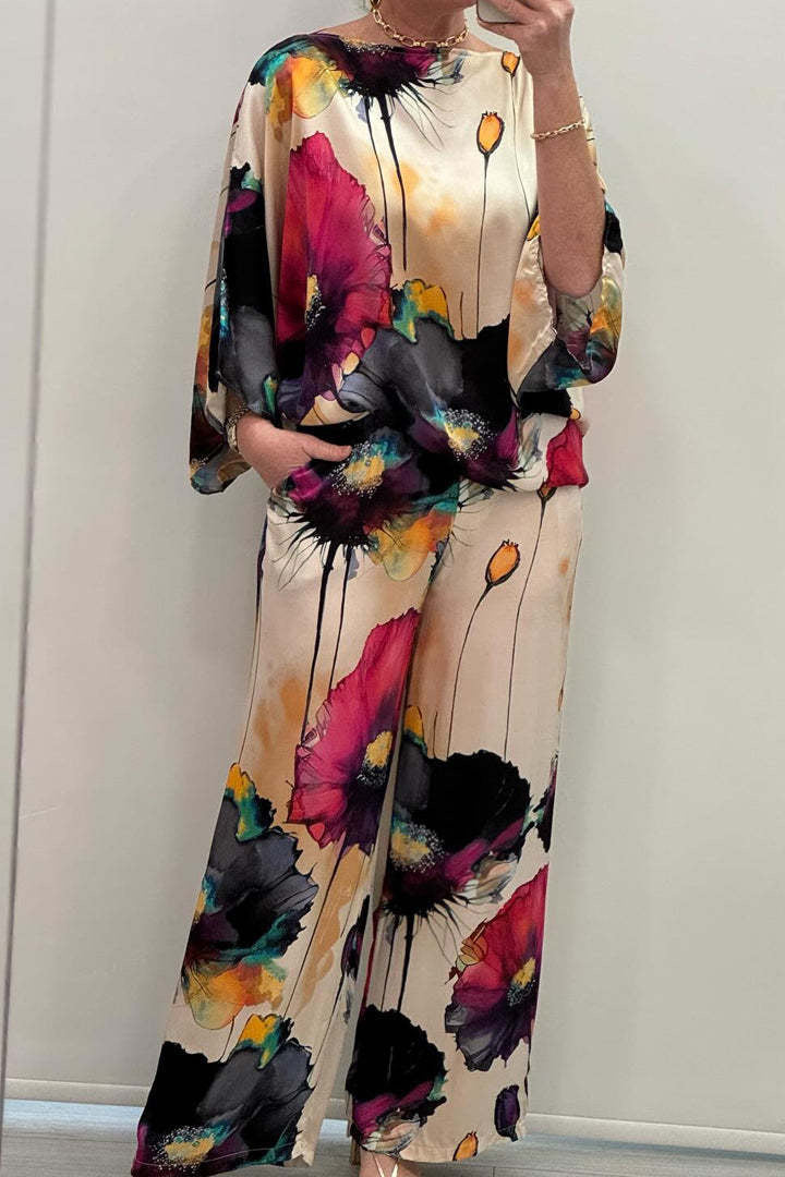Elegant Floral Print Bat Sleeve Pants Suit