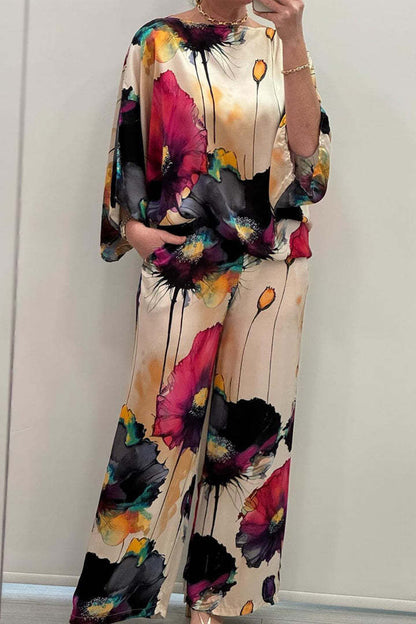 Elegant Floral Print Bat Sleeve Pants Suit