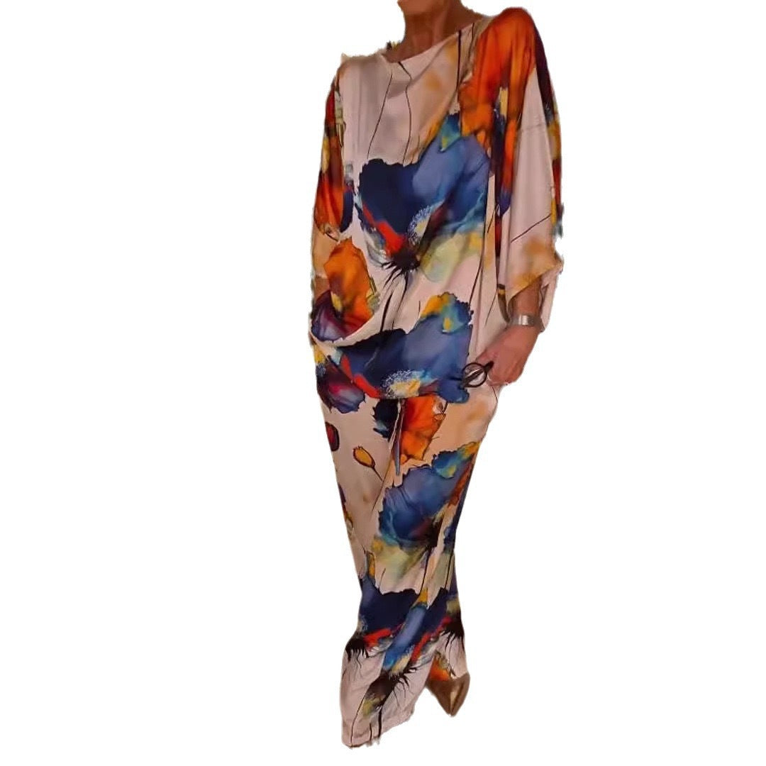 Elegant Floral Print Bat Sleeve Pants Suit