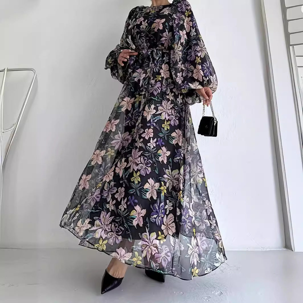 Elegant Floral Print Chiffon Long Dress