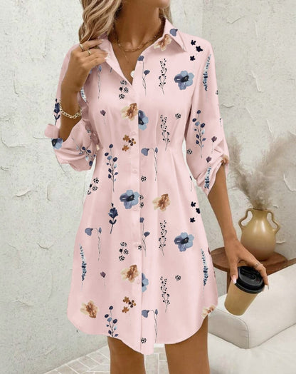 Elegant Floral Print Lapel Long Sleeved Dress for Women