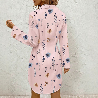 Elegant Floral Print Lapel Long Sleeved Dress for Women