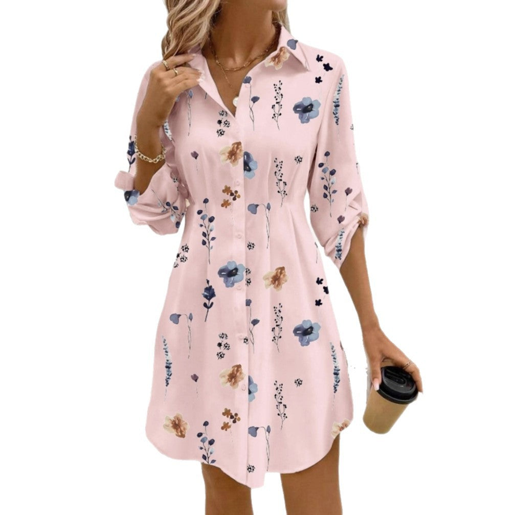 Elegant Floral Print Lapel Long Sleeved Dress for Women