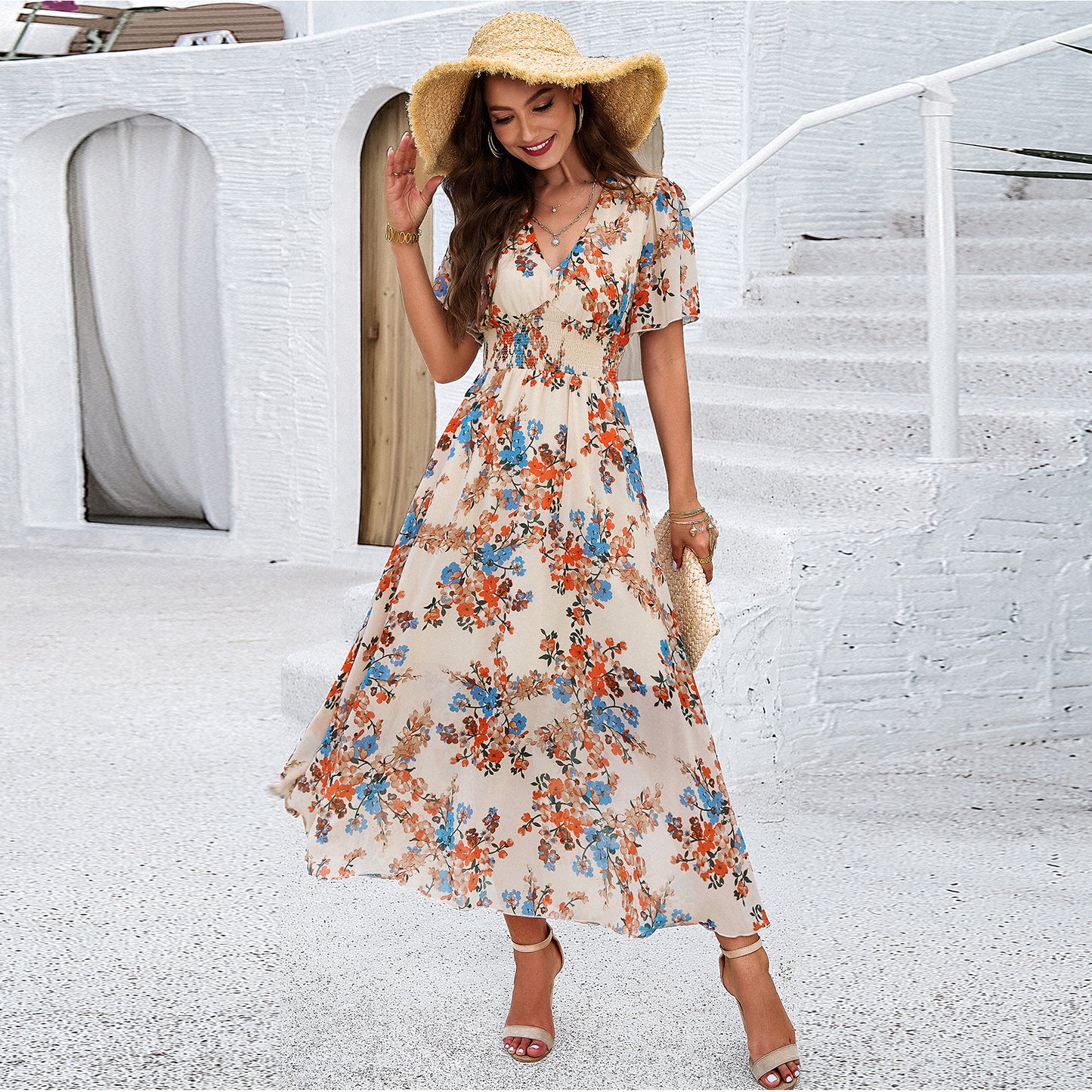Elegant Floral Print Midi Dress with V-Neck