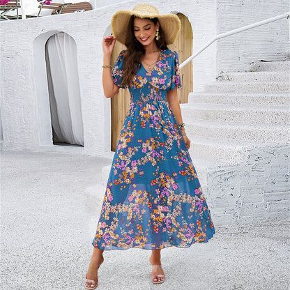 Elegant Floral Print Midi Dress with V-Neck