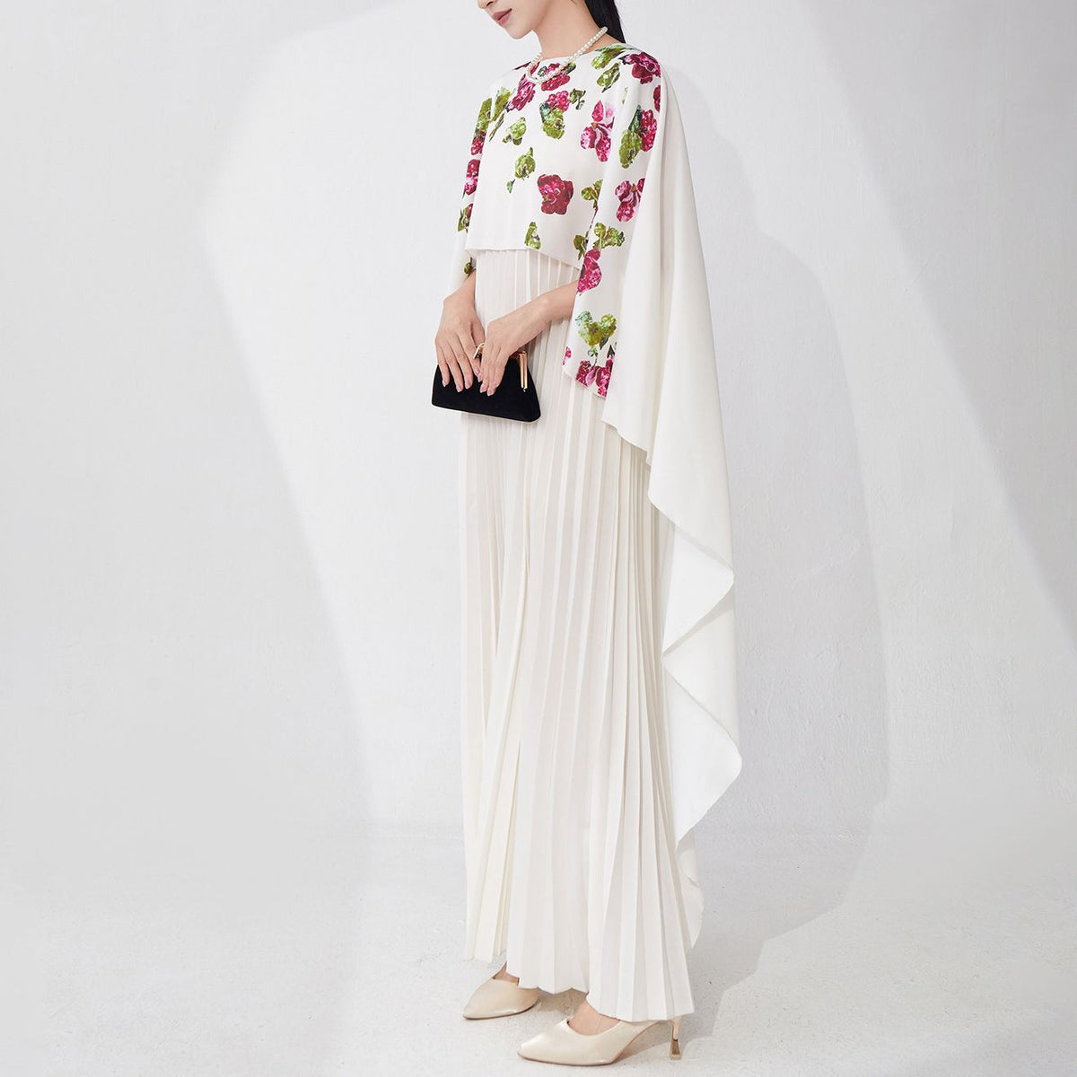 Elegant Floral Print Pleated Long Dress