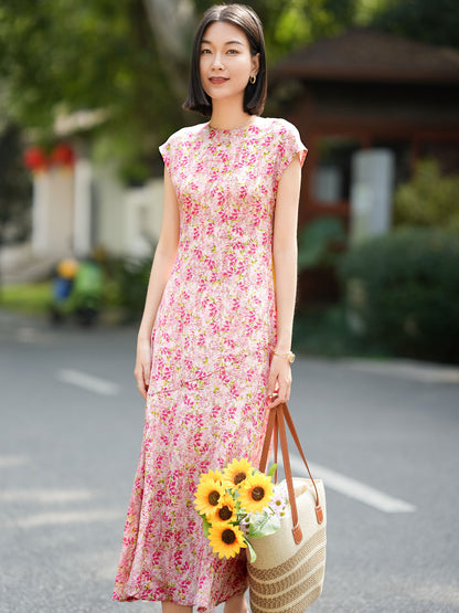 Elegant Floral Print Silk Dress with Waist Cinching