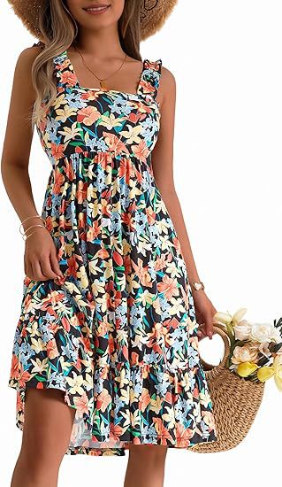 Elegant Floral Square Neck Sleeveless Dress