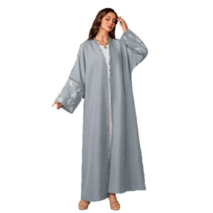 Elegant Flower Embroidered Cardigan Long Dress