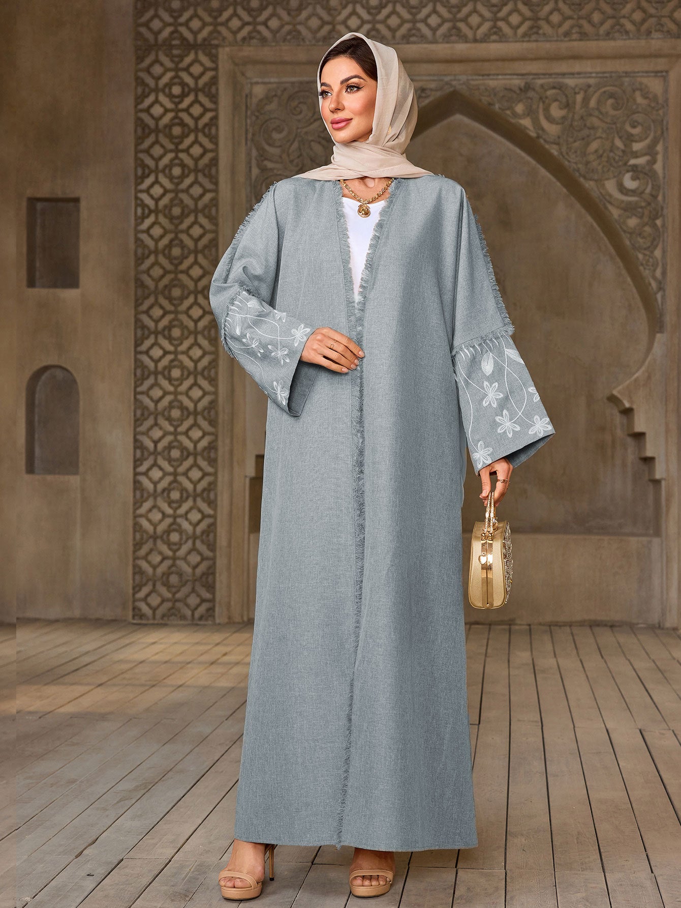 Elegant Flower Embroidered Cardigan Long Dress