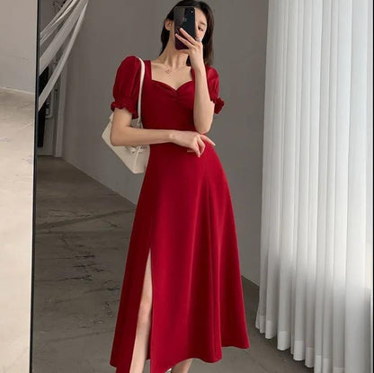 Elegant French Retro Green Slit Dress