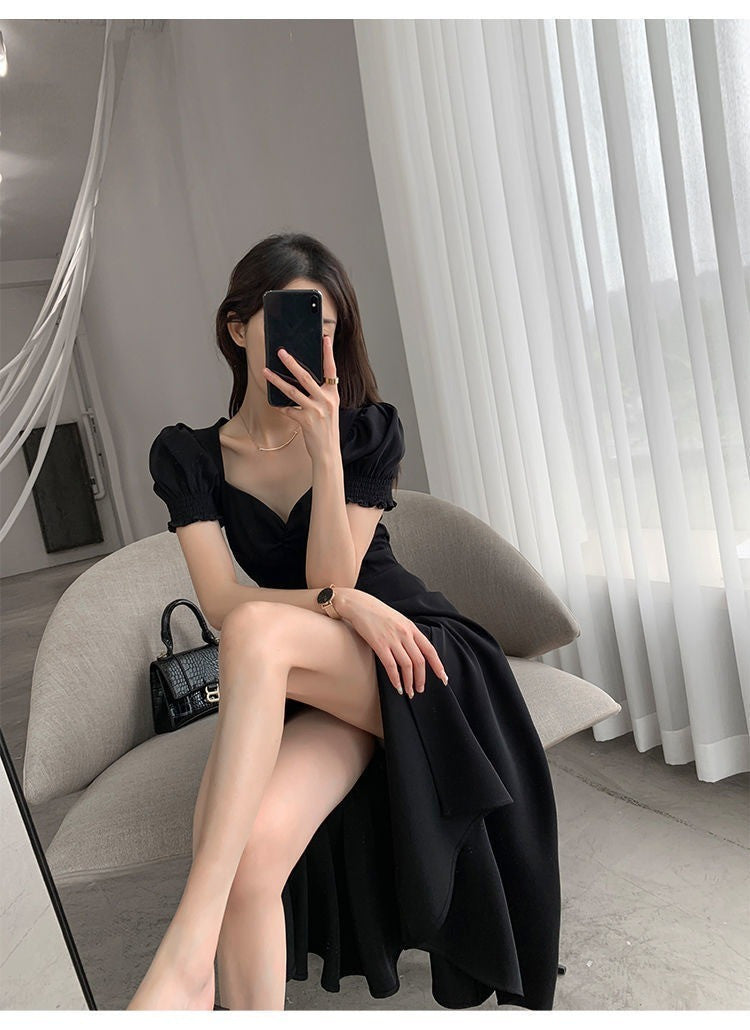 Elegant French Retro Green Slit Dress