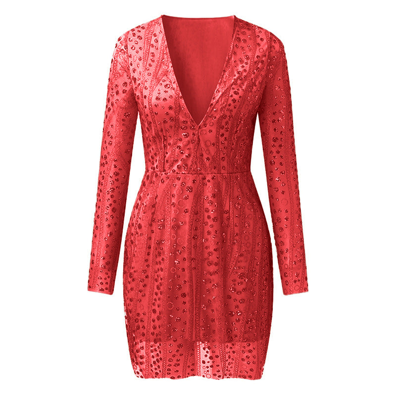 Elegant Gold-Sprinkled Deep V Neck Long Sleeve Dress
