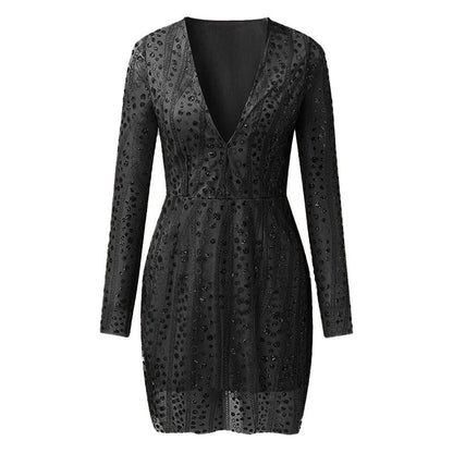 Elegant Gold-Sprinkled Deep V Neck Long Sleeve Dress