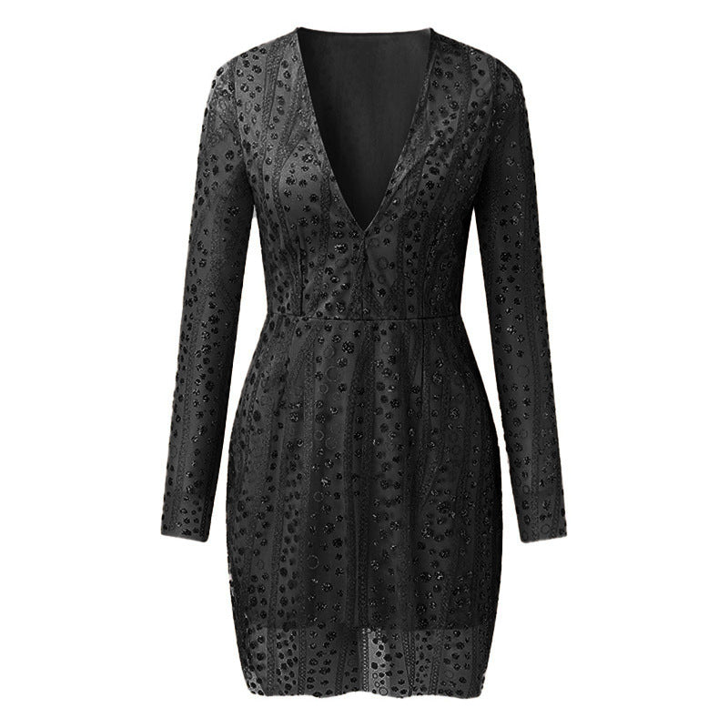 Elegant Gold-Sprinkled Deep V Neck Long Sleeve Dress