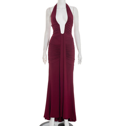 Elegant Halter Neck Backless Pleated Dress