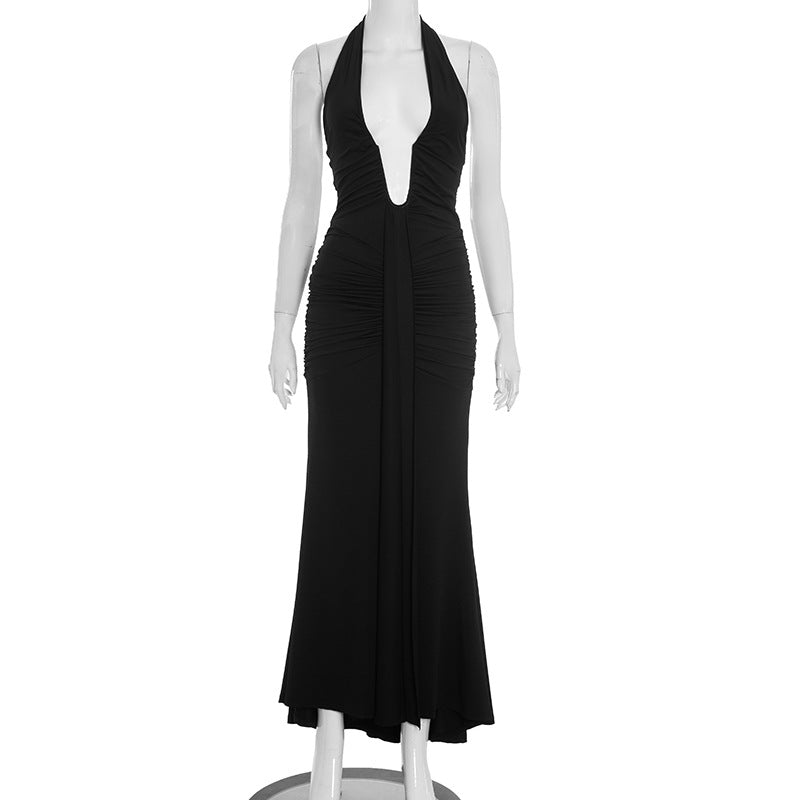 Elegant Halter Neck Backless Pleated Dress
