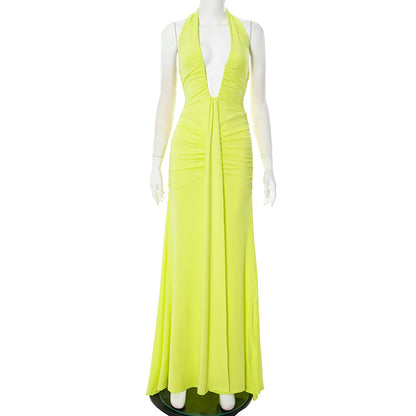 Elegant Halter Neck Backless Pleated Dress