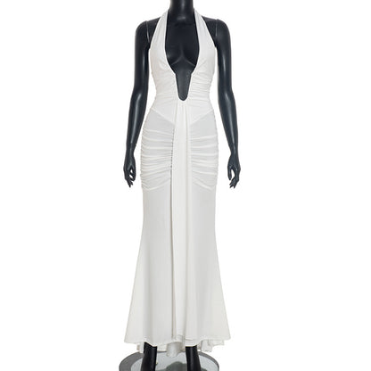 Elegant Halter Neck Backless Pleated Dress
